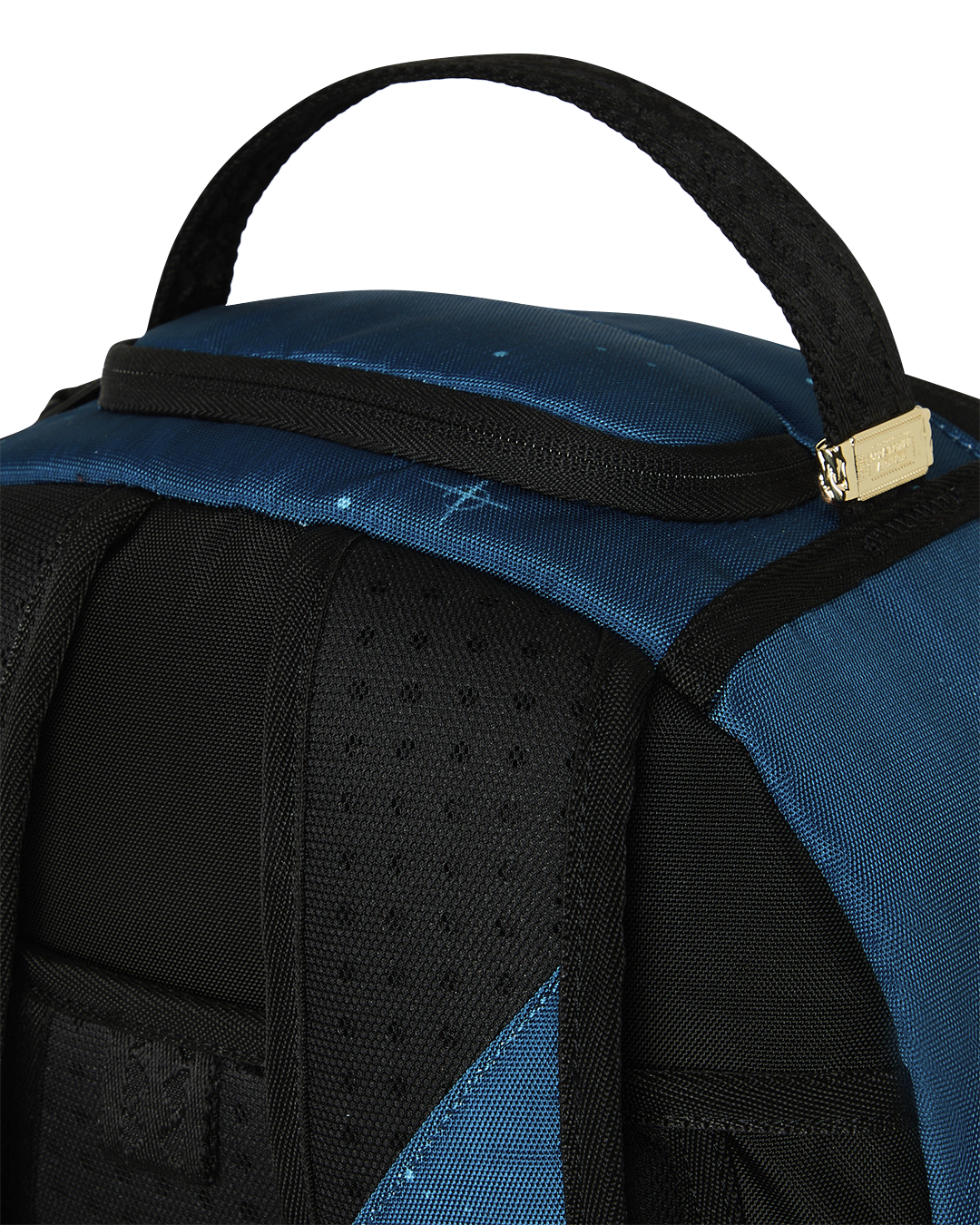 Kids' blue backpack top handle with black webbing and front side pocket