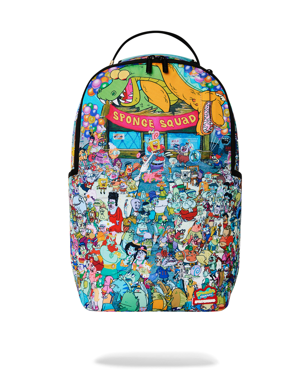 Sprayground SpongeBob Sponge Squad backpack with colorful character collage front panel