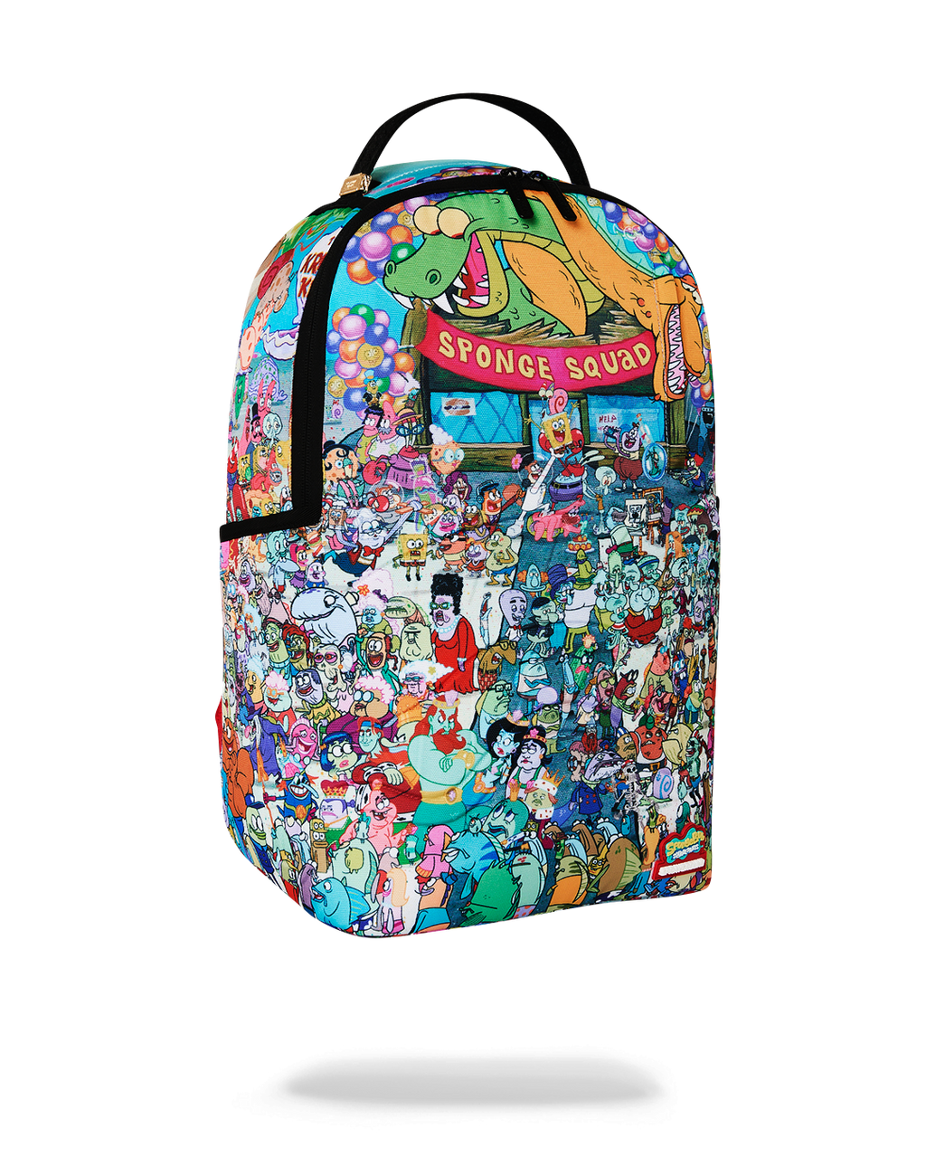 SpongeBob character collage backpack with front zipper pocket and teal top handle