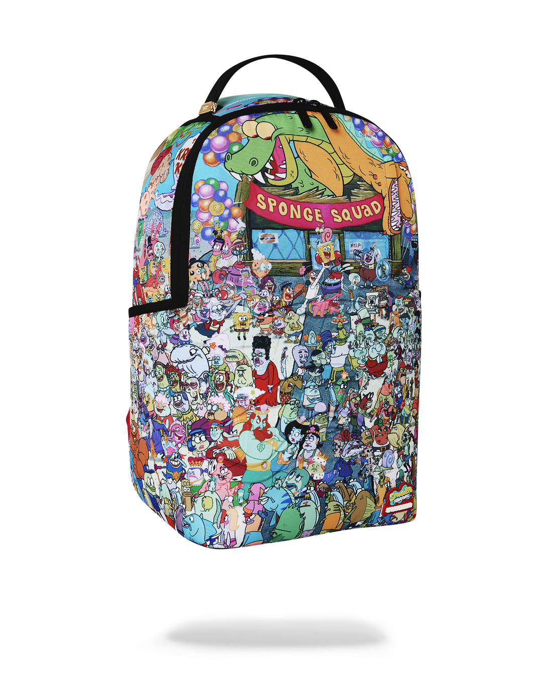 SpongeBob character collage backpack with front zipper pocket and teal top handle