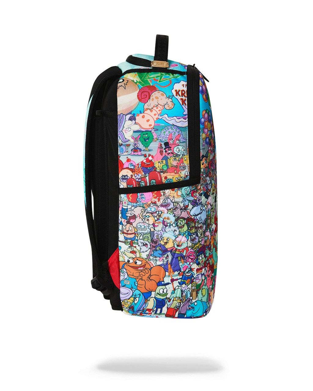 SpongeBob-themed backpack showing side panel artwork and black side trim