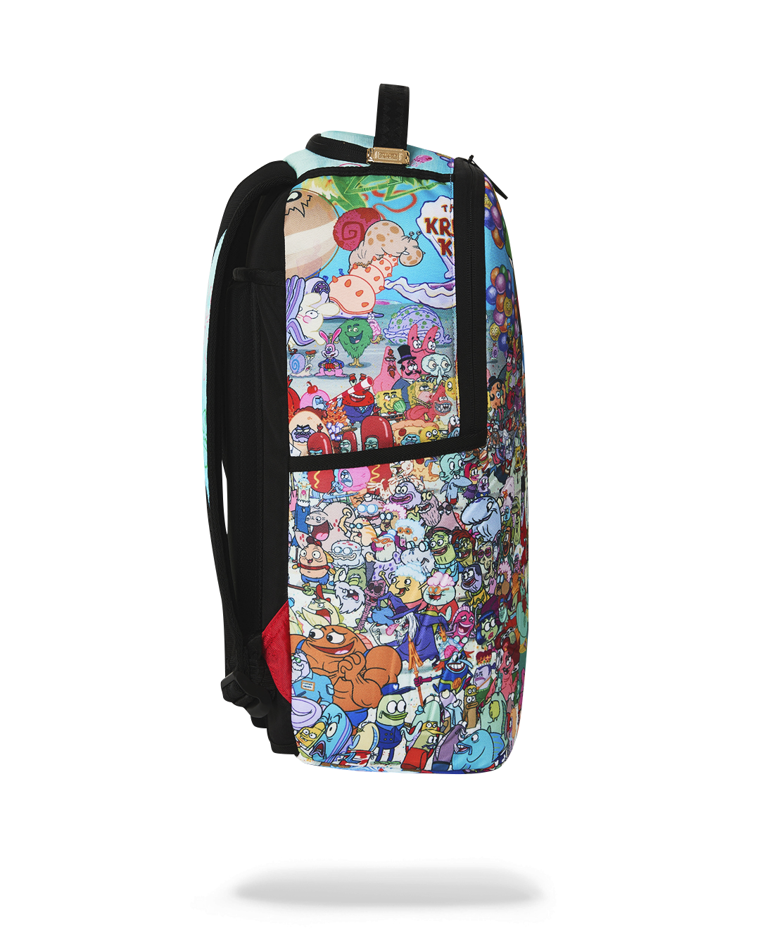 SpongeBob-themed backpack showing side panel artwork and black side trim