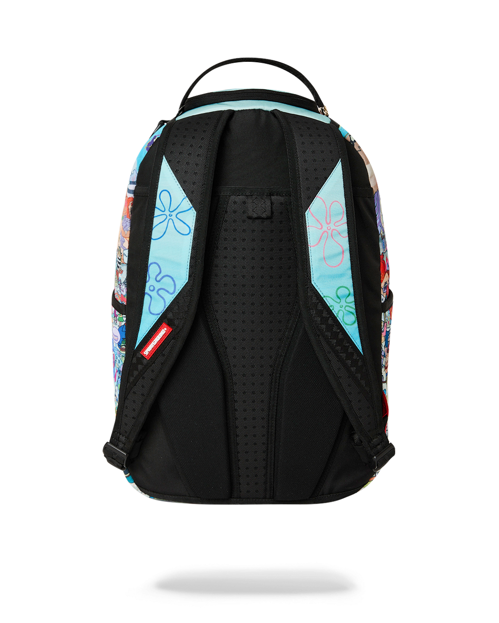 Back panel of SpongeBob backpack with padded black mesh straps and breathable center