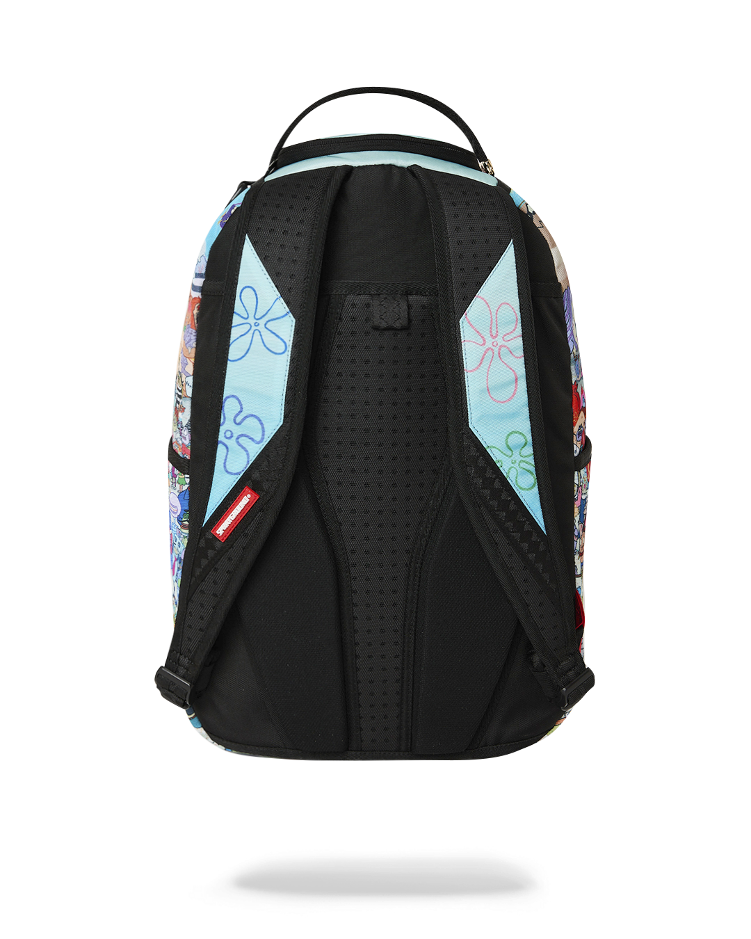 Back panel of SpongeBob backpack with padded black mesh straps and breathable center