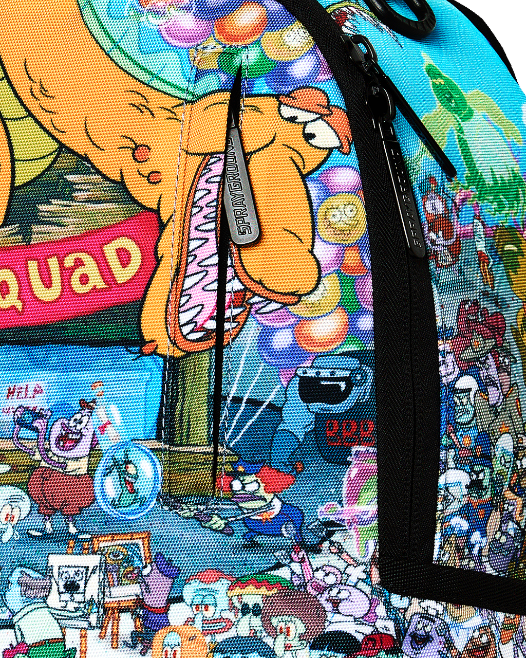 Close-up of SpongeBob backpack front fabric with label patch and black zipper trim