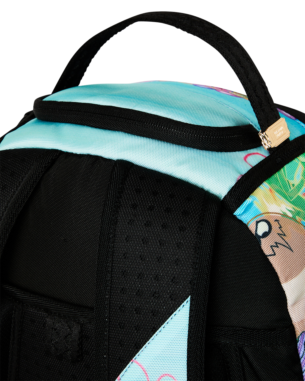 Close-up of padded shoulder straps and teal top edge on SpongeBob backpack