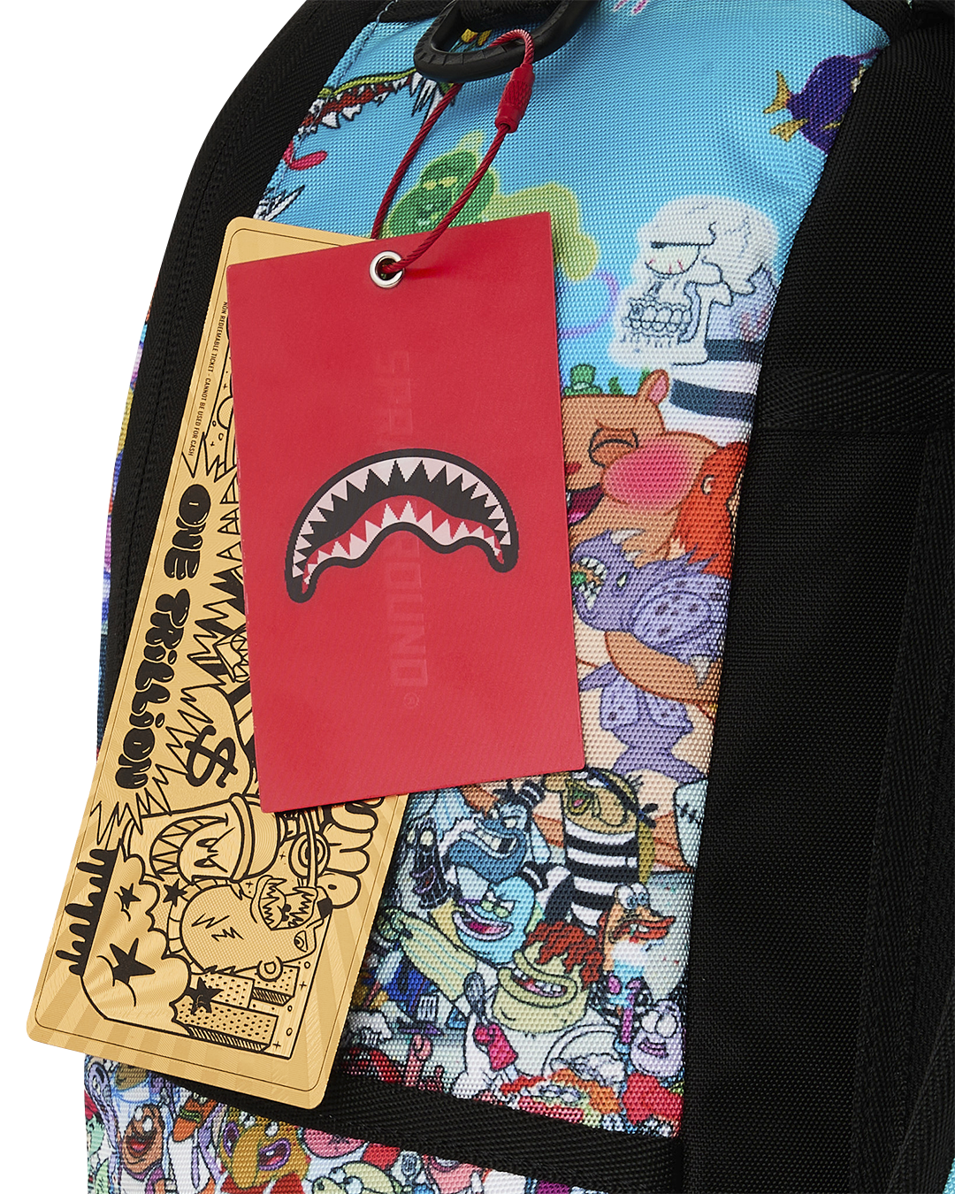 SpongeBob backpack with hanging red and tan retail tags on the front