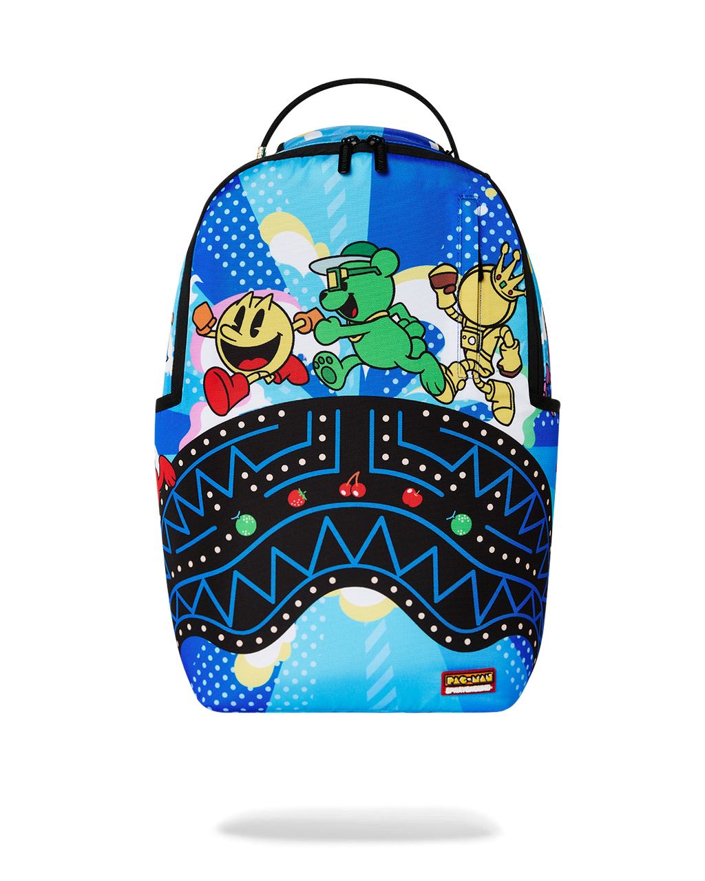 Blue cartoon arcade-themed backpack with Pac-Man character print and wavy geometric panel.