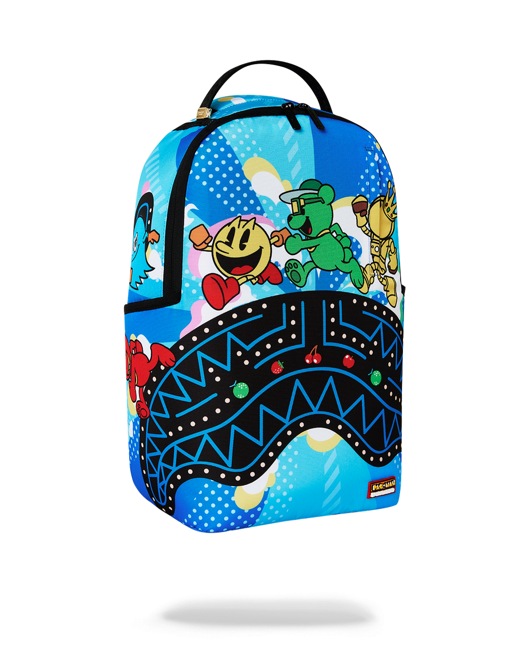 Blue backpack with Pac-Man character print and zigzag lower panel, side angle view.