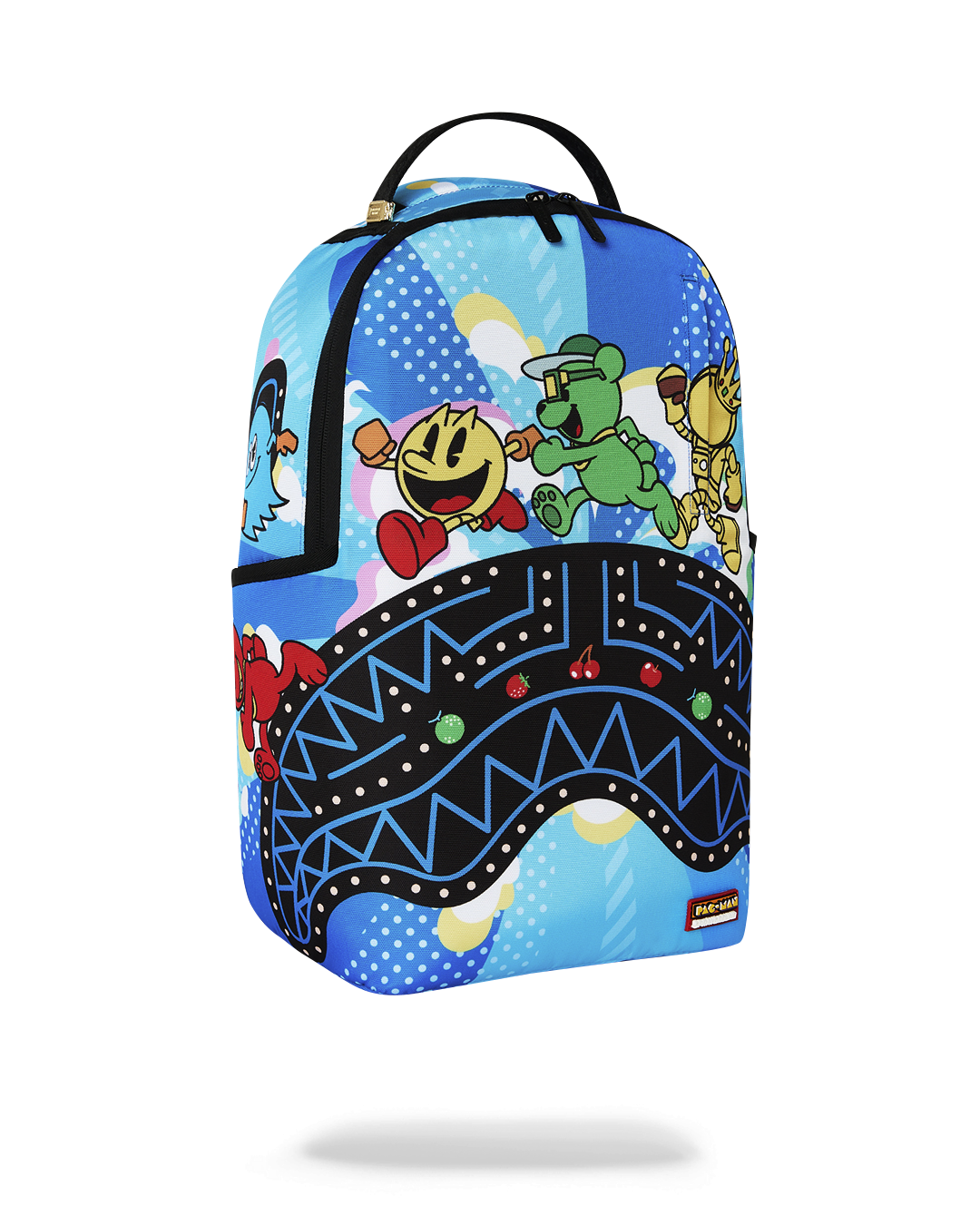 Blue backpack with Pac-Man character print and zigzag lower panel, side angle view.