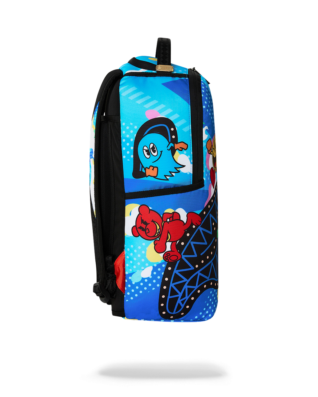 Blue backpack with black side panel and Pac-Man graphic on front pocket area.