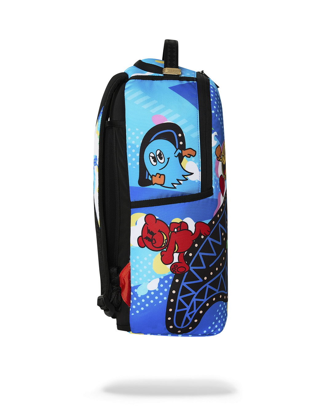 Blue backpack with black side panel and Pac-Man graphic on front pocket area.