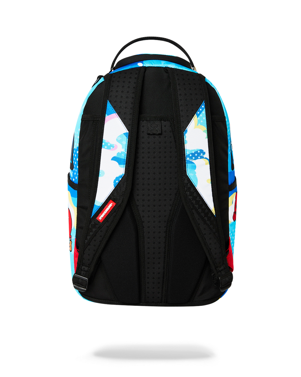 Blue backpack back with black padded straps and center ventilation mesh panel.
