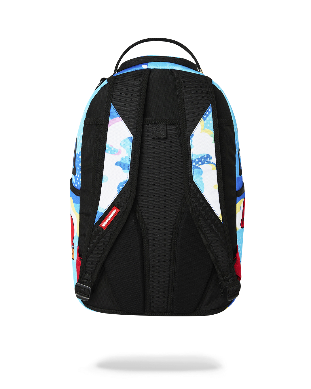 Blue backpack back with black padded straps and center ventilation mesh panel.