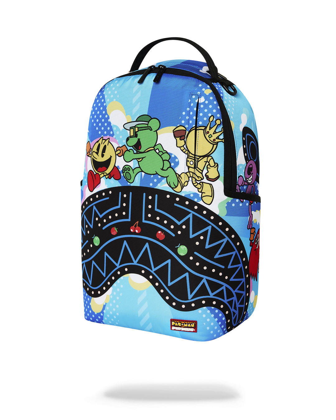 Blue backpack with Pac-Man characters, dotted pattern, and small yellow bottom logo patch.