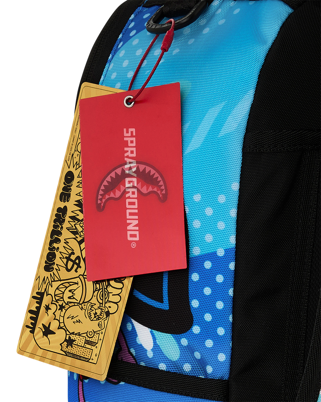 Blue backpack with Pac-Man graphics and hanging retail tags in red and yellow.