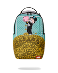Turquoise backpack bag with pig-and-man graphic and yellow coin pile front panel