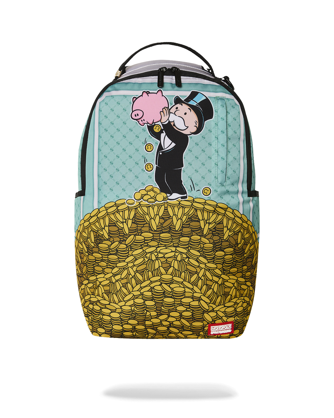 Turquoise backpack bag with pig-and-man graphic and yellow coin pile front panel