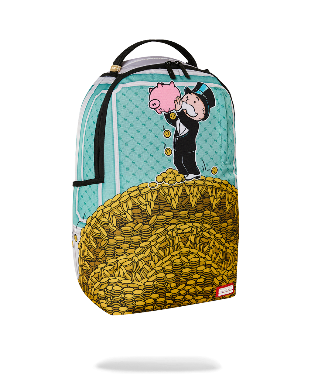 Teal backpack bag with pig-and-man illustration and large yellow coin graphic