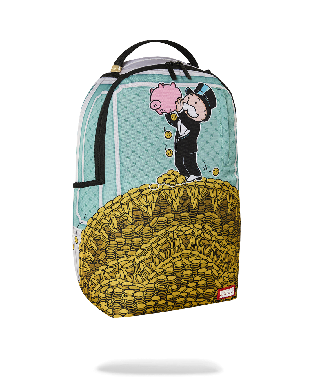 Teal backpack bag with pig-and-man illustration and large yellow coin graphic