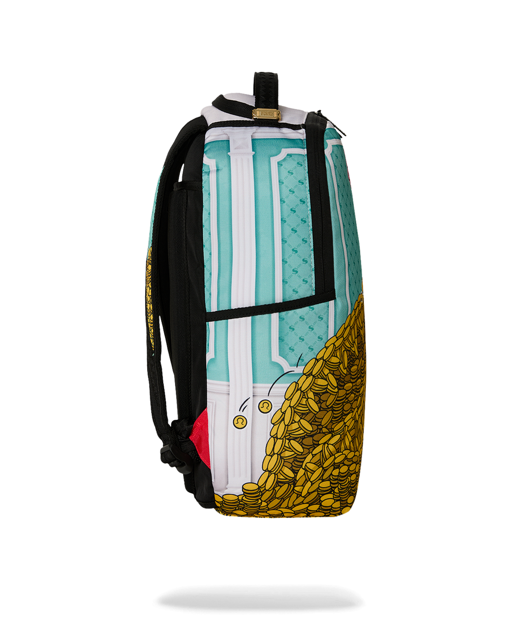 Turquoise and black backpack bag with white stripe and side yellow coin detail