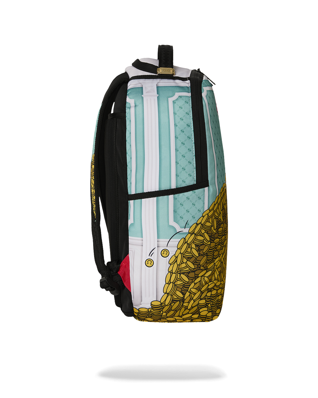 Turquoise and black backpack bag with white stripe and side yellow coin detail