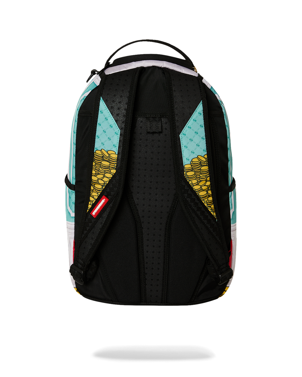 Back of teal backpack bag with black padded panel and yellow coin accents