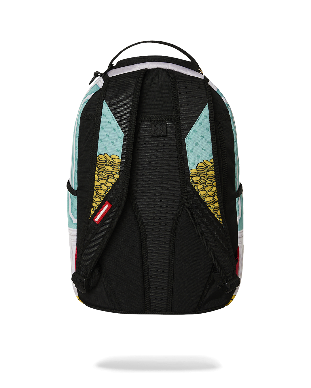 Back of teal backpack bag with black padded panel and yellow coin accents
