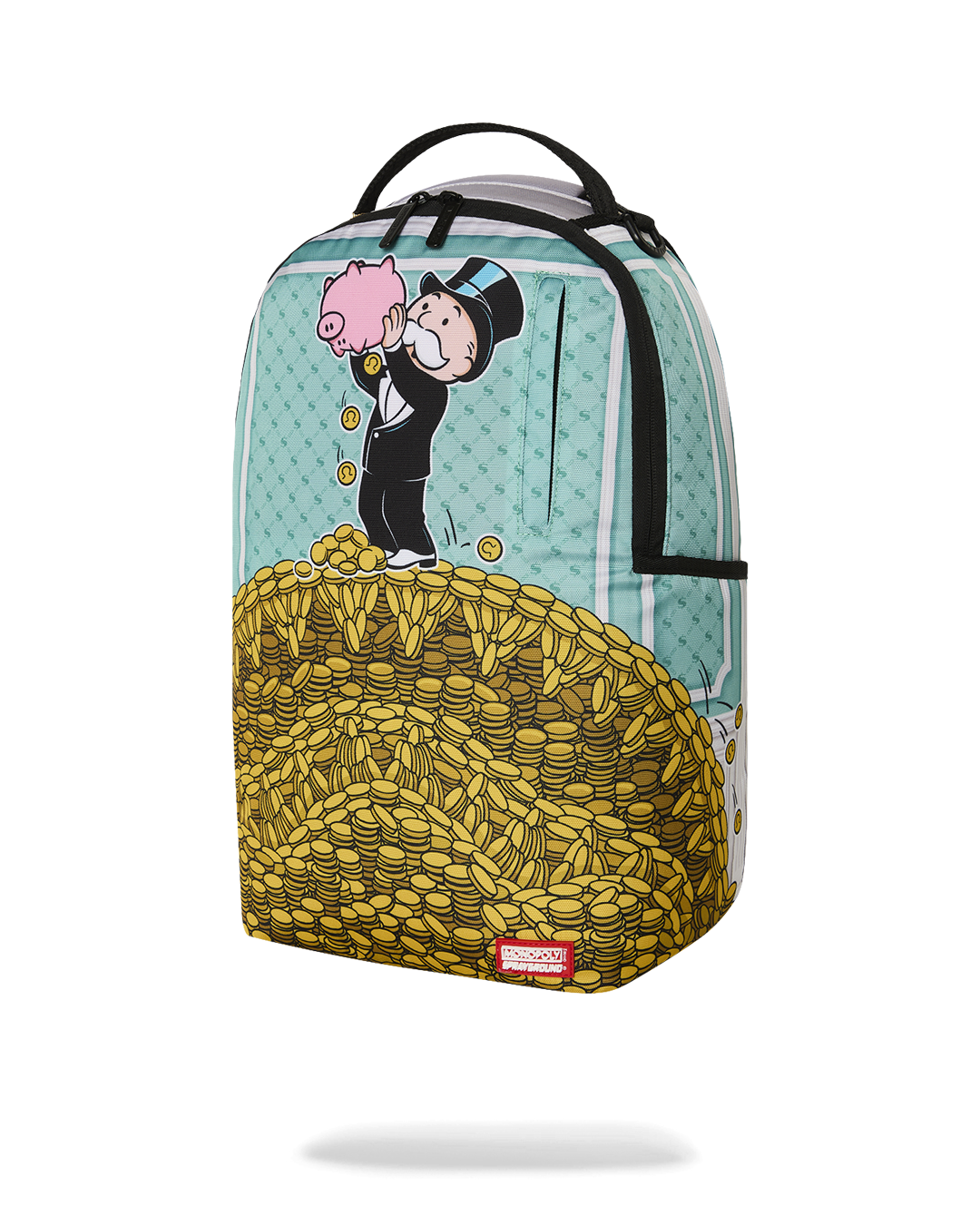 Teal backpack bag featuring pig-and-man illustration over yellow coin pocket
