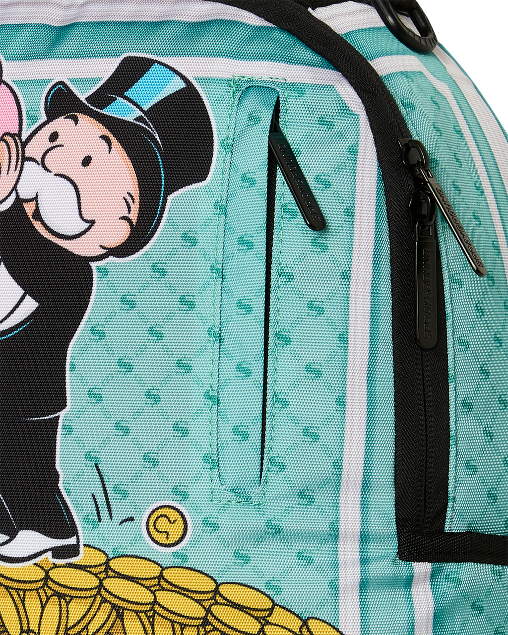 Close-up of teal backpack bag graphic with zipper on black-trim side panel