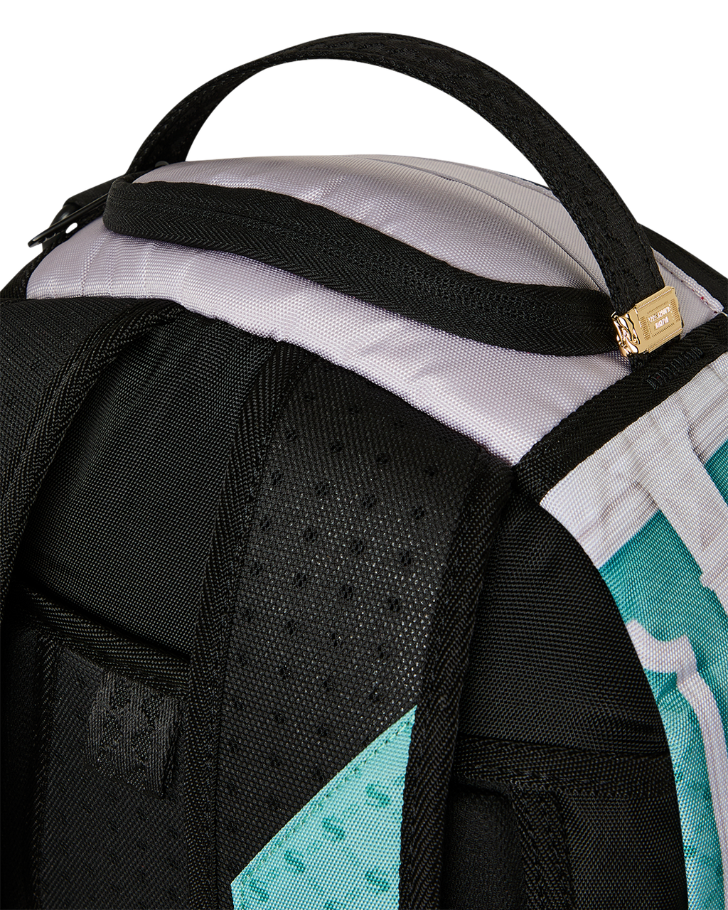 Backpack bag interior padding with black mesh panel and teal-and-white striped side
