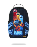Sprayground Pac-Man Eat Em Up backpack with glowing arcade characters on navy fabric