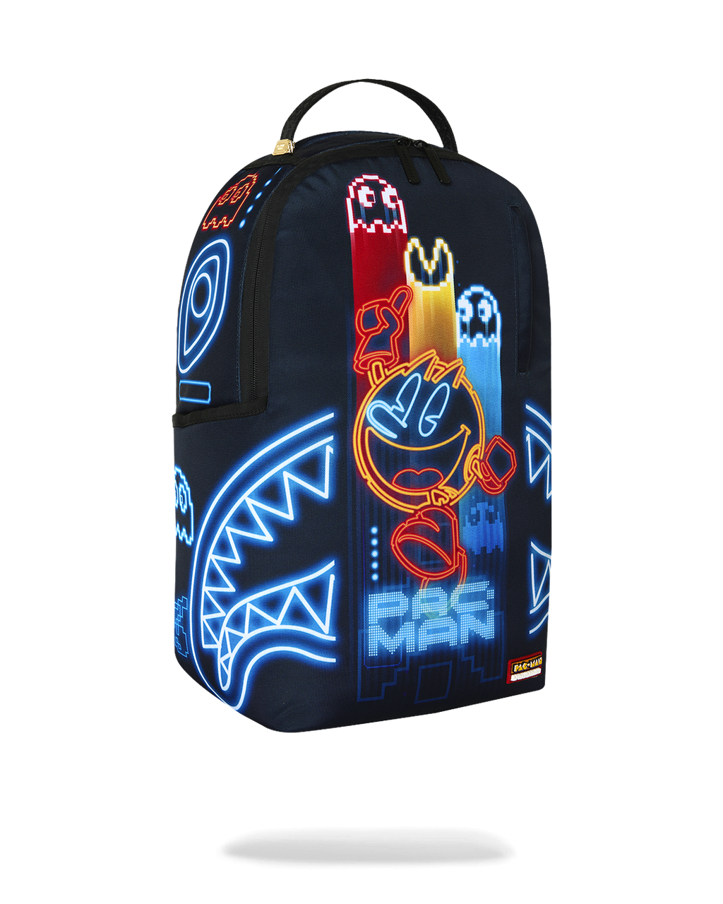 Pac-Man Eat Em Up backpack, side view with neon blue and red arcade graphic panels