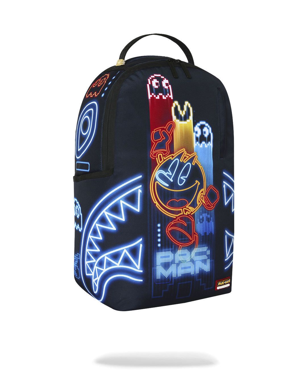 Pac-Man Eat Em Up backpack, side view with neon blue and red arcade graphic panels
