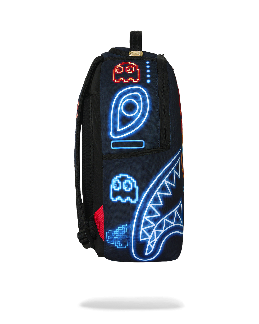 Pac-Man-themed backpack, back view with glowing blue controller and game icon print