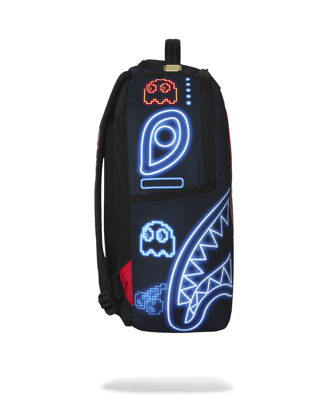 Pac-Man-themed backpack, back view with glowing blue controller and game icon print