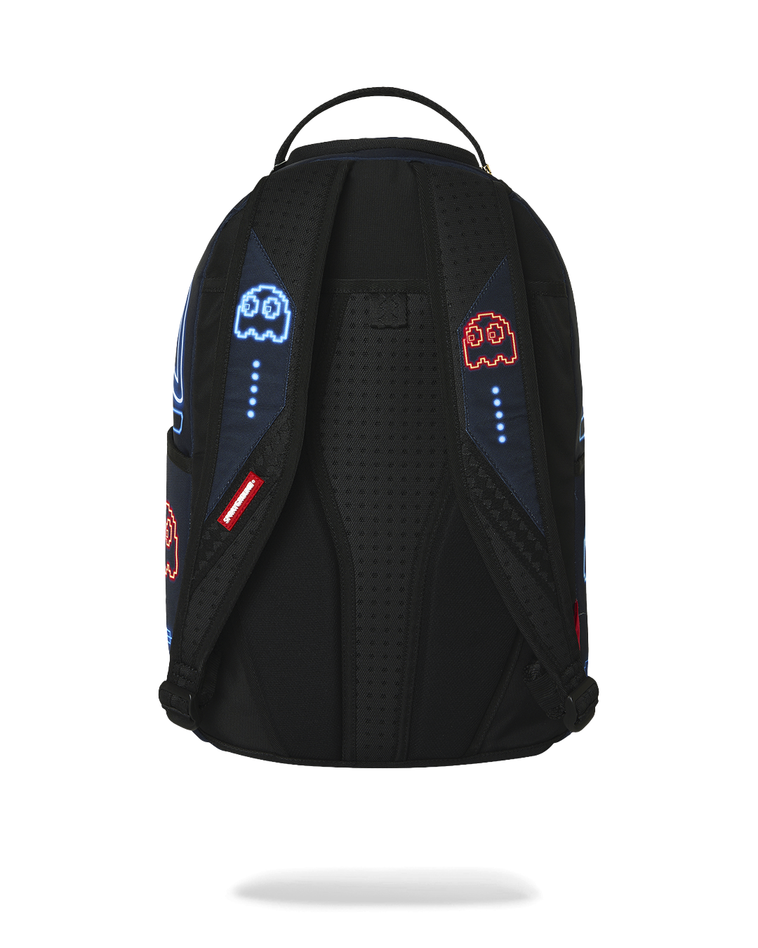 Pac-Man-themed backpack back panel with padded mesh, black straps, and small red icons