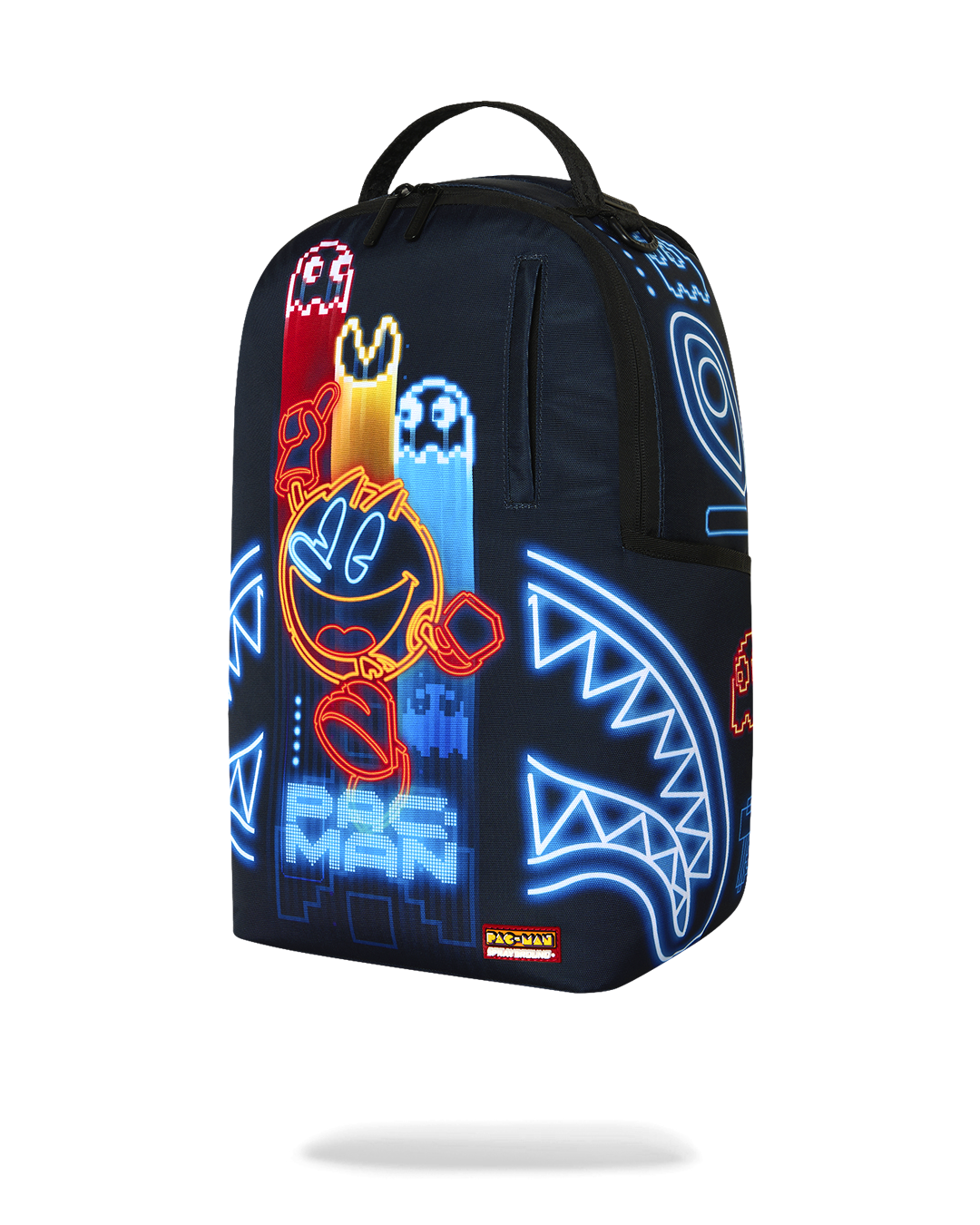 Pac-Man Eat Em Up backpack, 3/4 view with colorful arcade character and neon blue lines