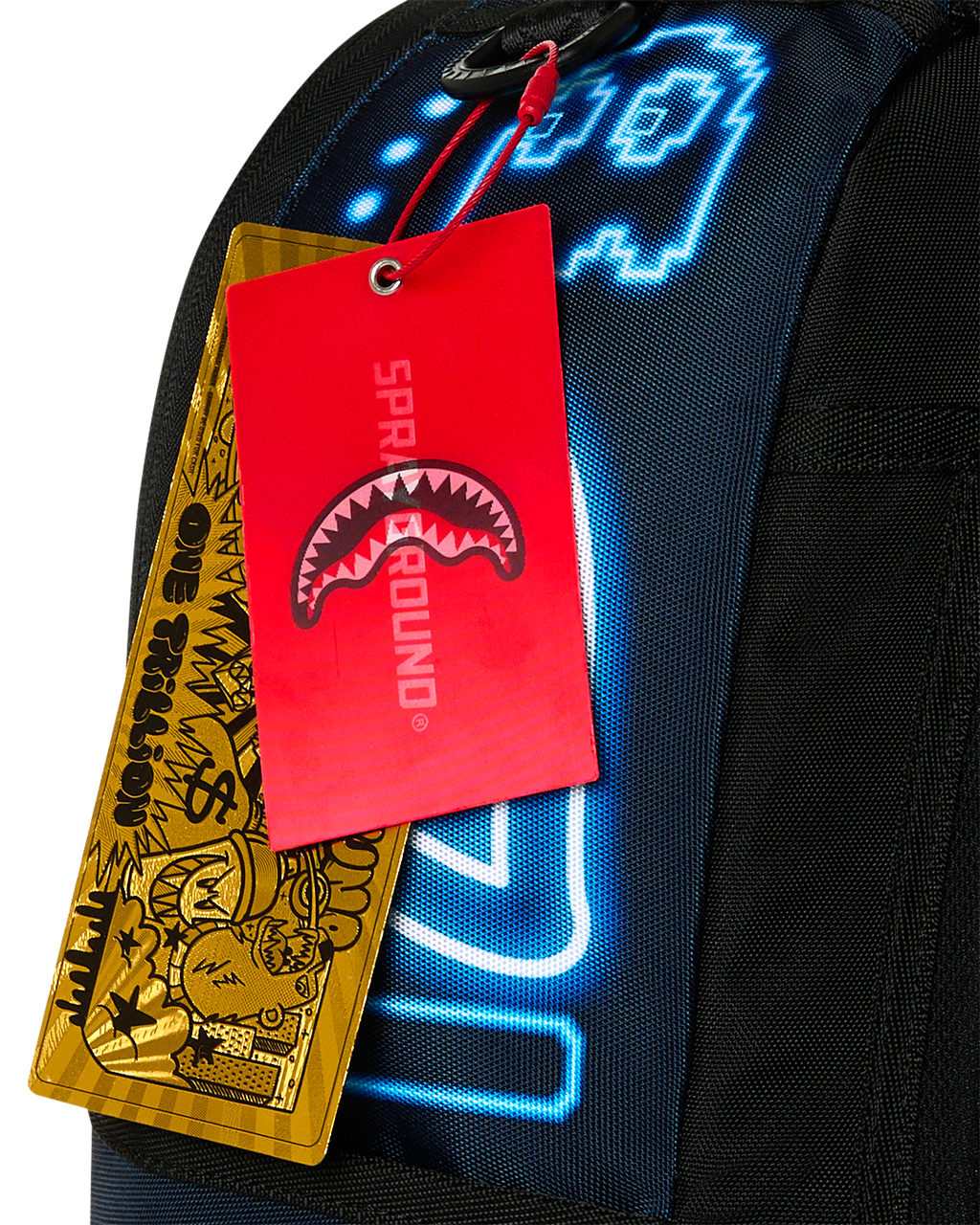 Sprayground backpack with hanging hangtags, blue neon game art on the front