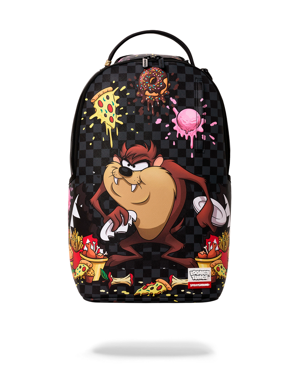 Black checkered cartoon backpack with Taz graphic, top handle and front zipper pocket