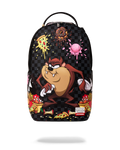 Black checkered cartoon backpack with Taz graphic, top handle and front zipper pocket