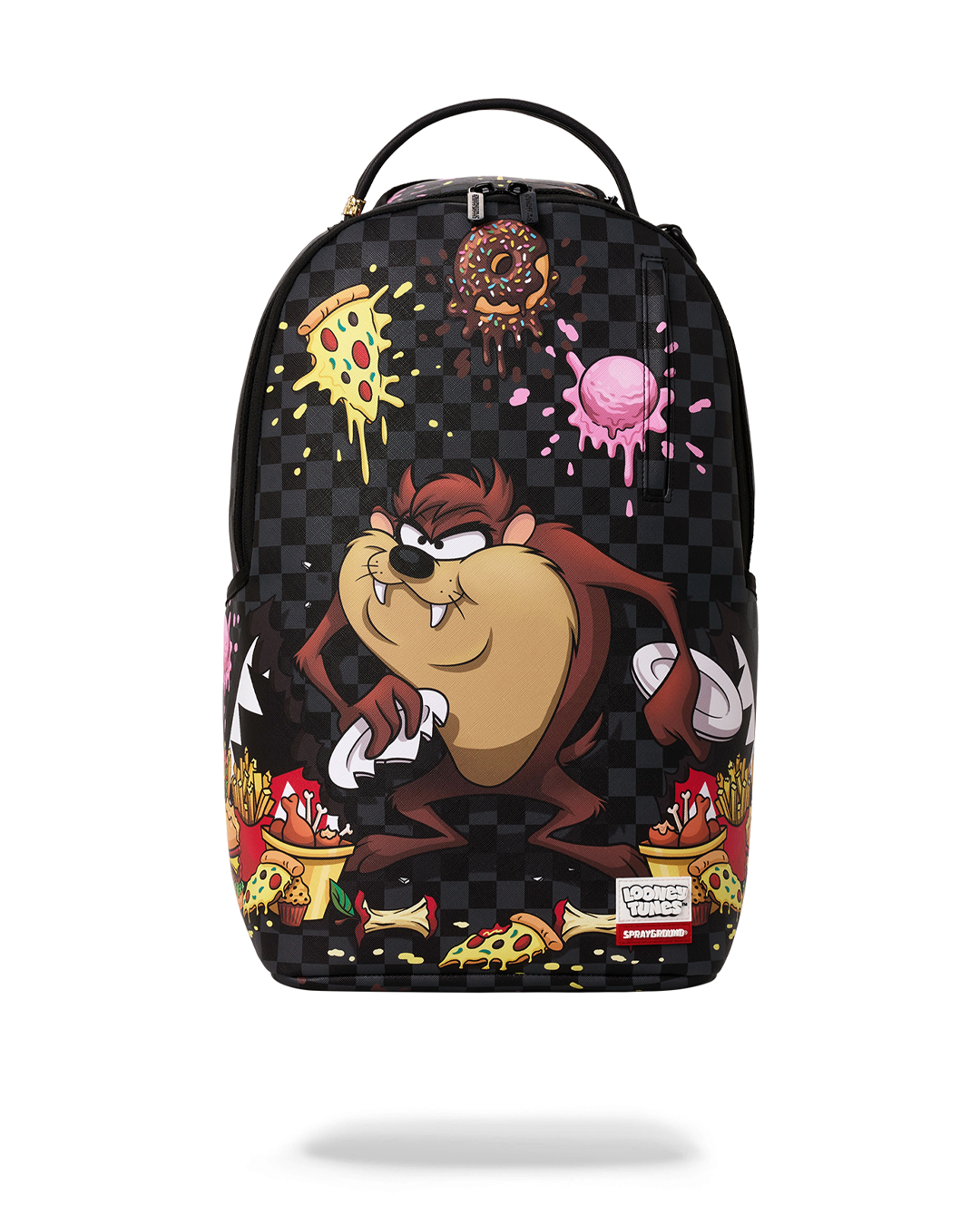 Black checkered cartoon backpack with Taz graphic, top handle and front zipper pocket