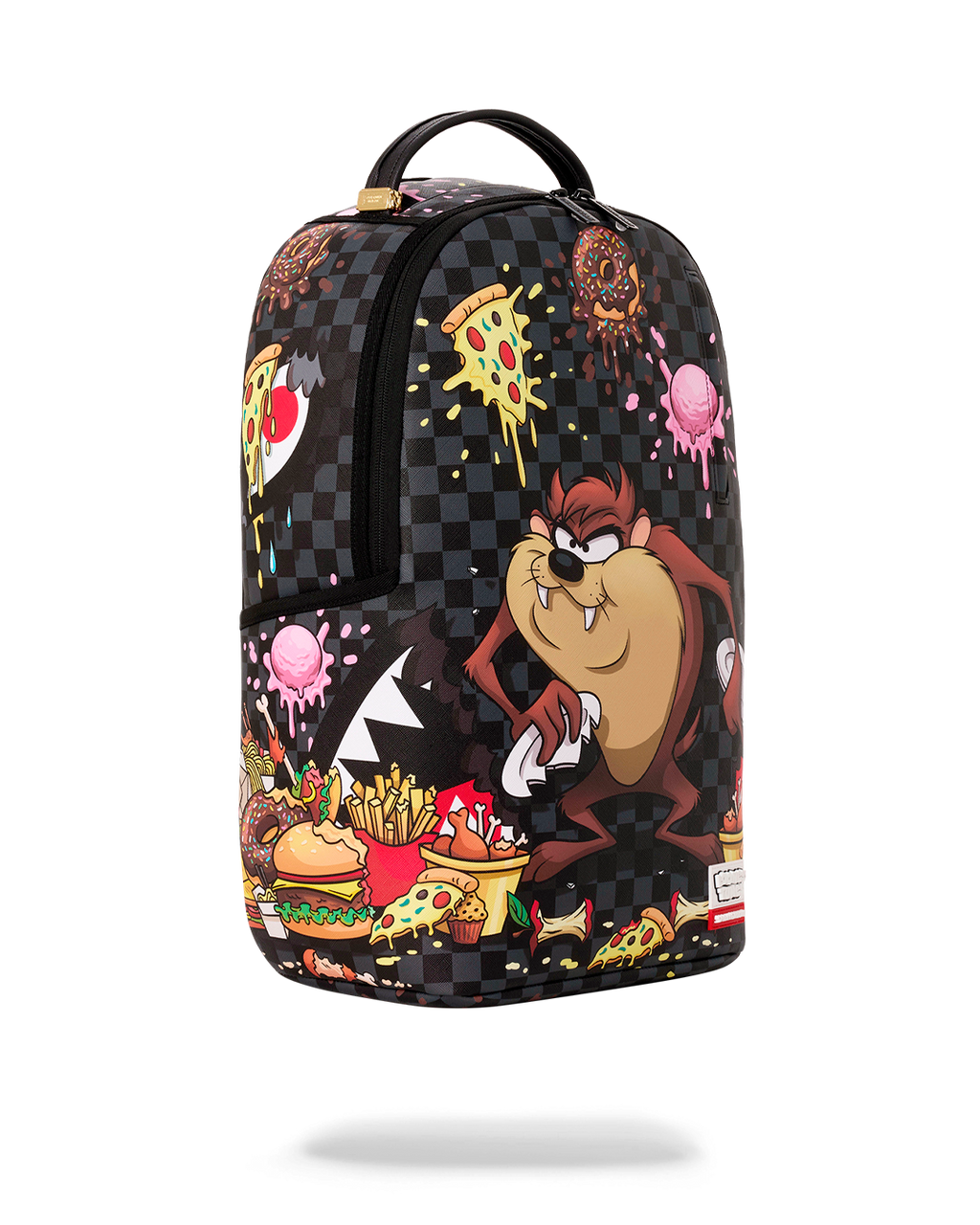 Black checkered cartoon backpack with side panel art, top handle and front zipper pocket
