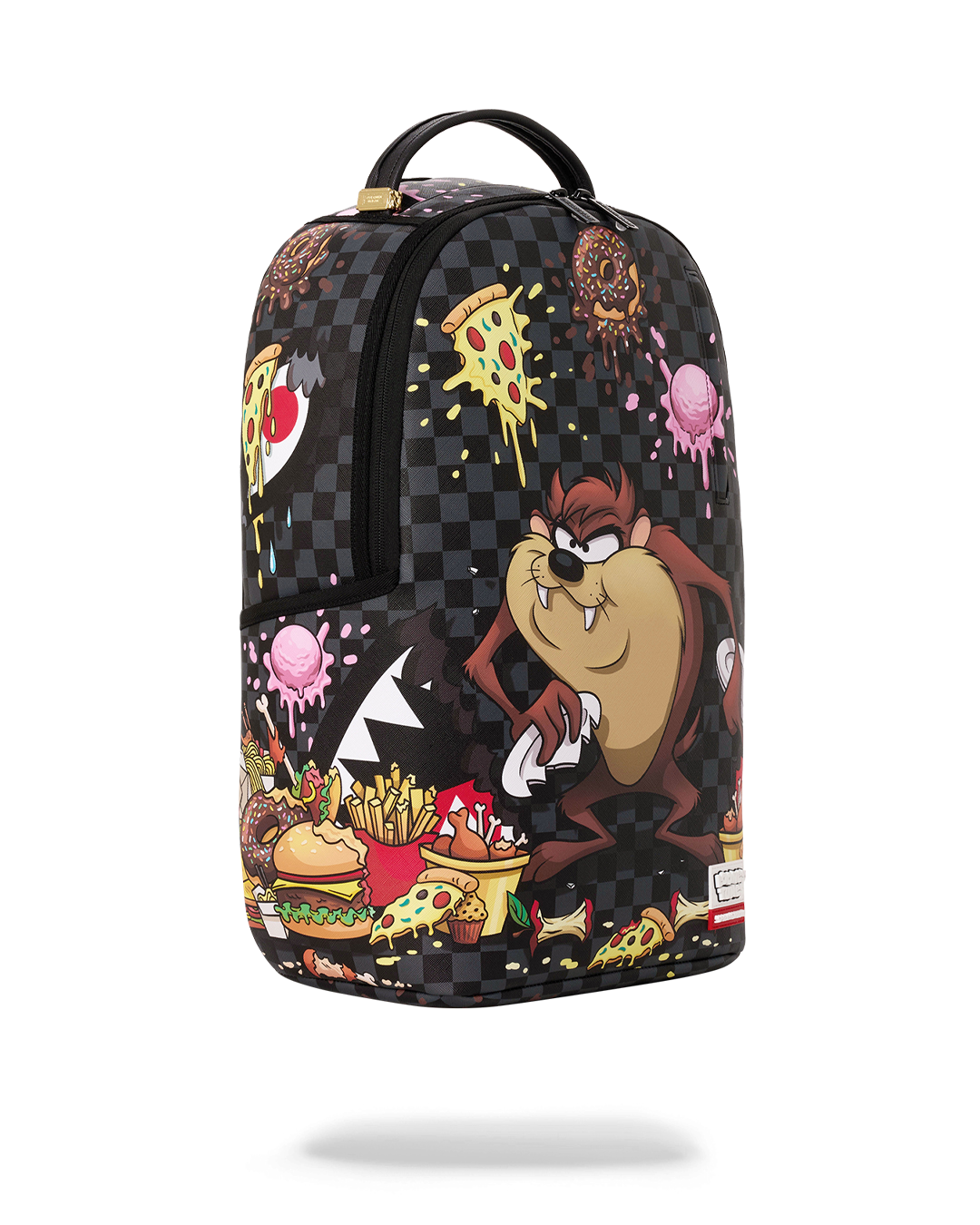 Black checkered cartoon backpack with side panel art, top handle and front zipper pocket