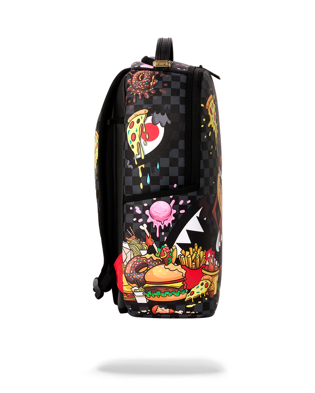 Black checkered cartoon backpack back view with padded straps and top handle