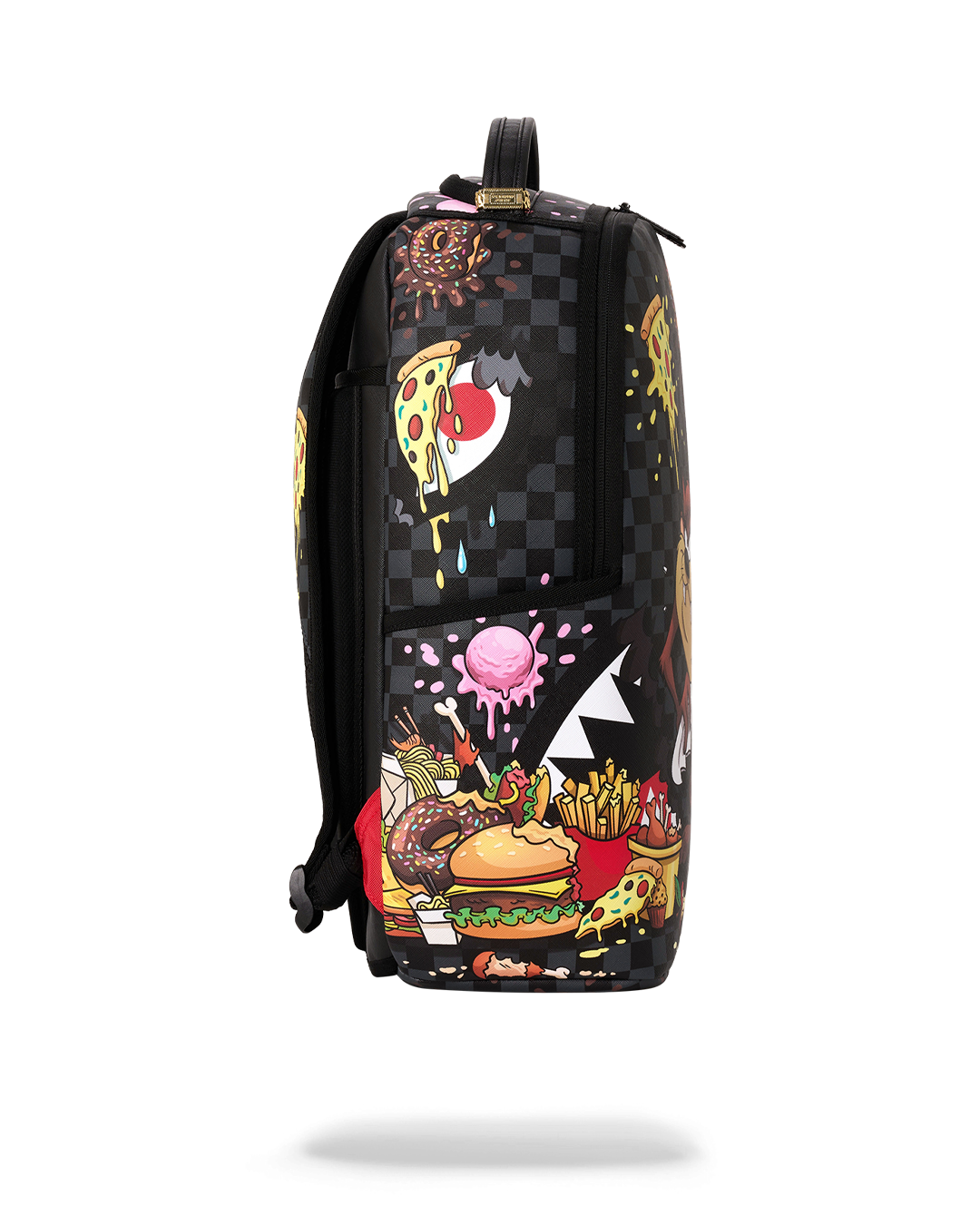 Black checkered cartoon backpack back view with padded straps and top handle