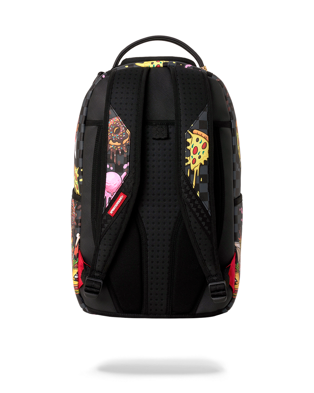 Black backpack back panel with padded straps and mesh texture