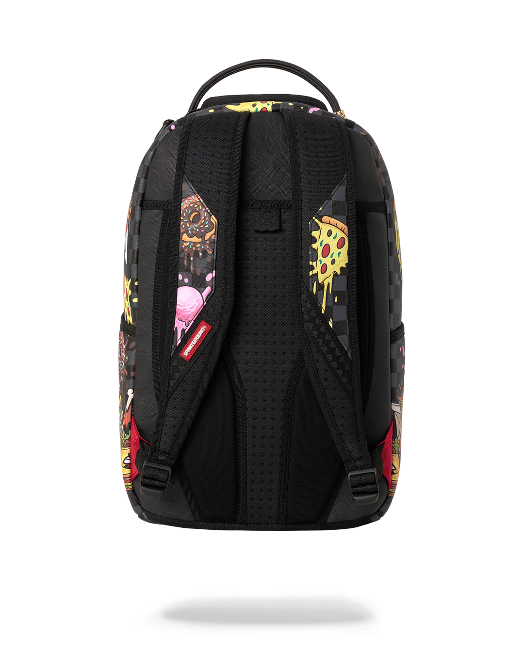 Black backpack back panel with padded straps and mesh texture