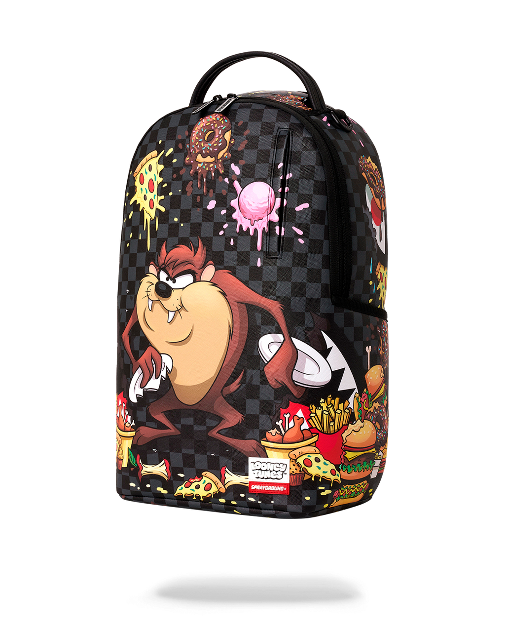 Black checkered cartoon backpack front with Taz and food illustrations, top handle