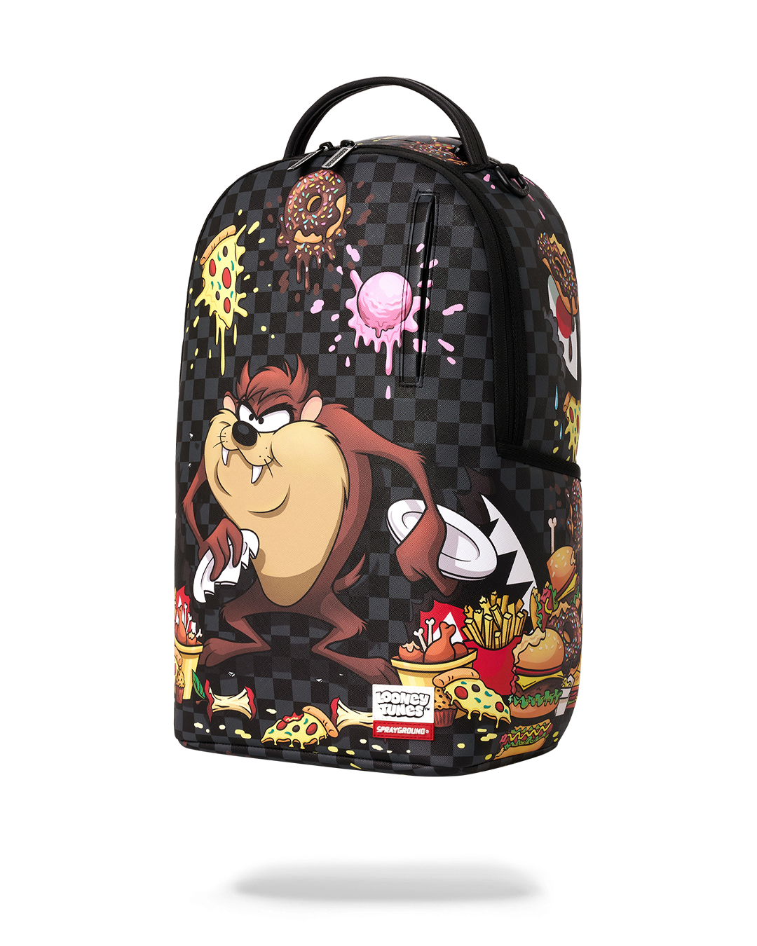 Black checkered cartoon backpack front with Taz and food illustrations, top handle
